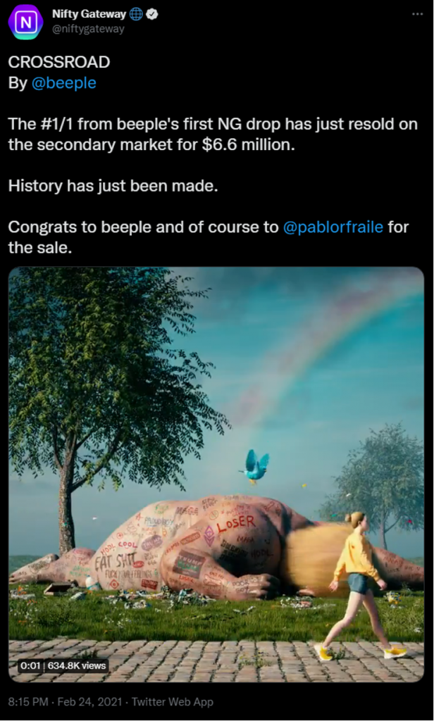 Screen capture of a tweet about the secondary sale of Beeple's <i>Crossroad</i>