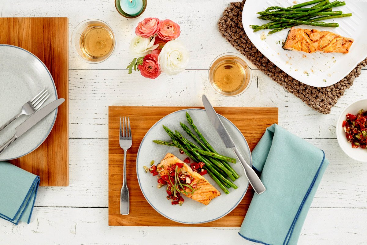 A prepared meal from Home Chef meal delivery service sits on a plate. 