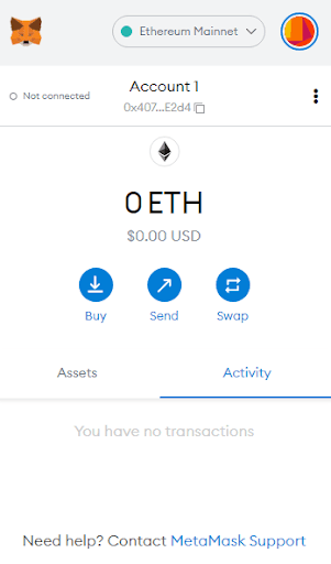 Screengrab of a MetaMask wallet, showing 0 ETH available in 