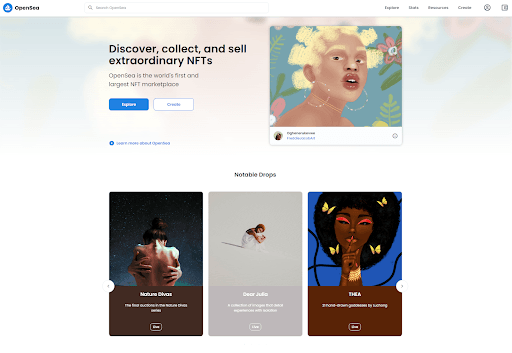 Screengrab of the OpenSea NFT marketplace, showing four different art pieces.