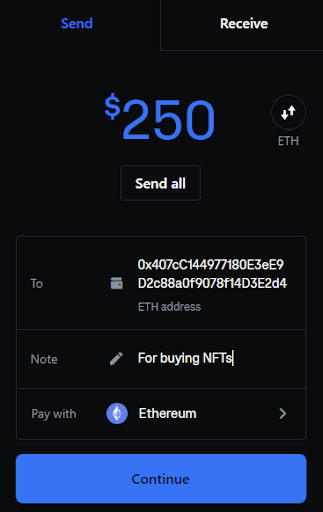 Screengrab of the Coinbase app, showing $250 to send for buying NFTs.