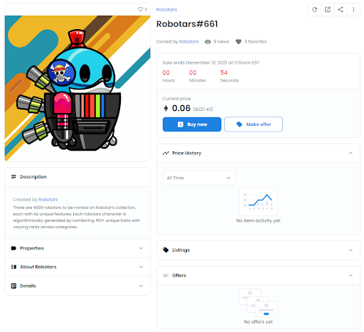 Screengrab of a piece of art on OpenSea: a colourful cartoon robot for 0.06 ETH, or $227.43 USD.