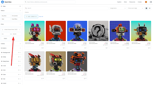 Screengrab of an OpenSea collection of robo faces, with a filter to the side for setting price limits.