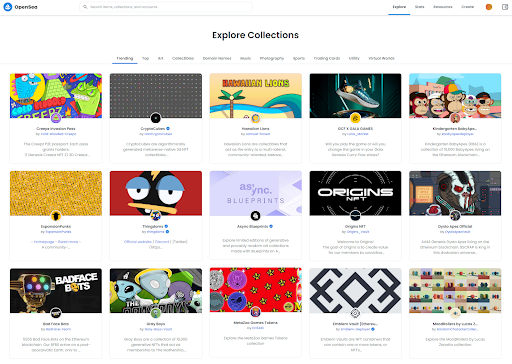 Screengrab of 15 different art collections offered by OpenSea.