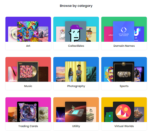 Screengrab of the categories offered by OpenSea: art, collectibles, domain names, music, photography, sports, trading cards, utility, and virtual worlds.