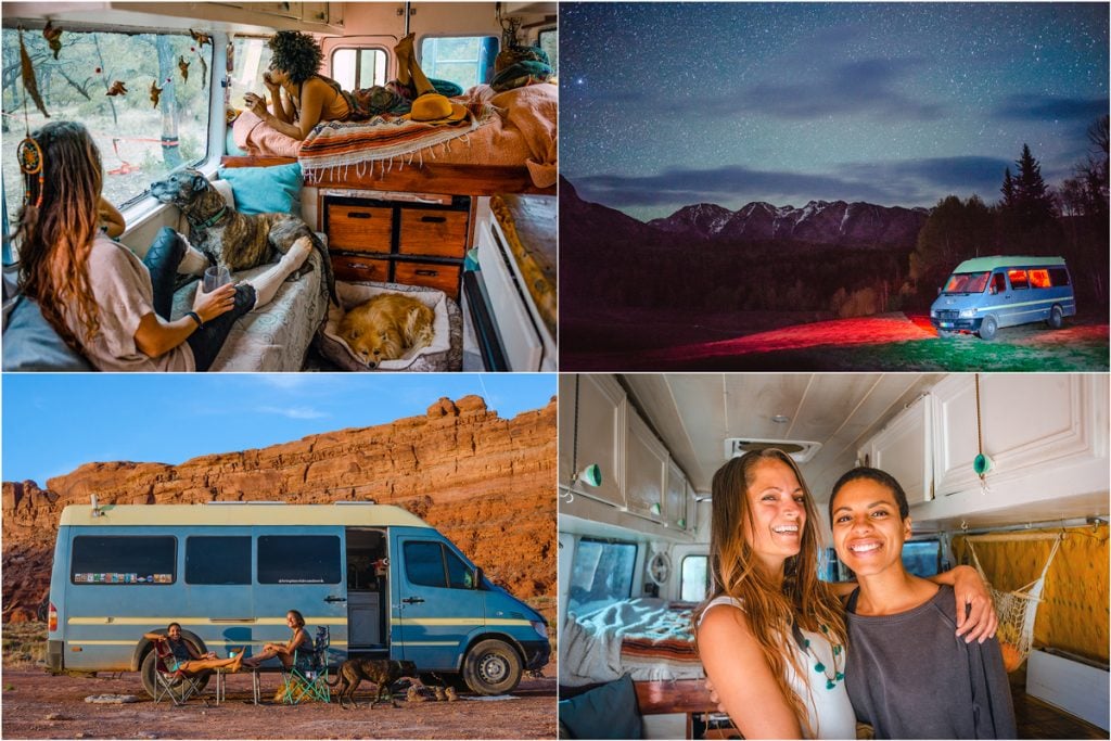 This quad of images shows a married couple's daily life while living inside a van and traveling the USA.