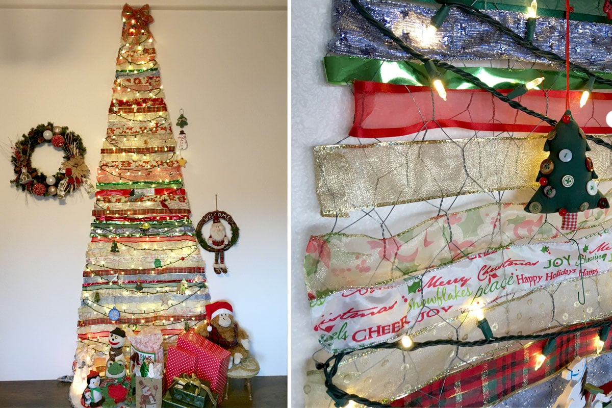 Two side-by-side photos show a Christmas Tree made of chicken wire. The image on the left shows the full tree. The image on the right shows a closeup of the tree.