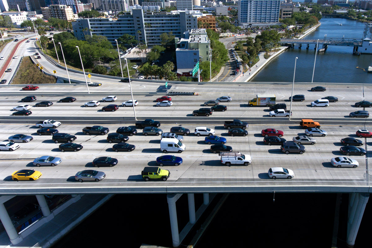 Cars sit in traffic on a bridge going from Tampa to St. Petersburg, Florida. 